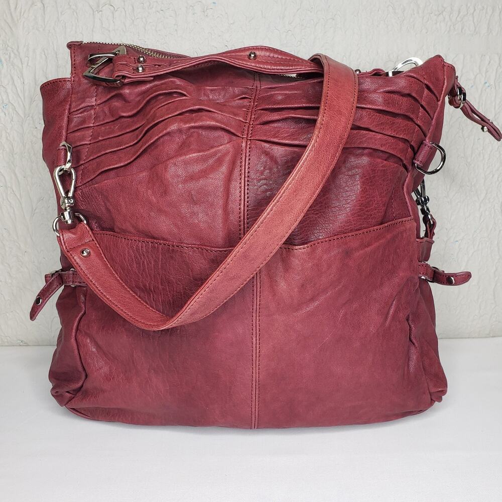 Junior Drake Gail Pleated Cranberry Bordeaux Leather Convertible Handbag Zippers - Picture 16 of 16